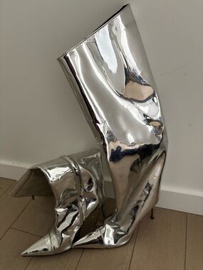 Women's Metallic Silver Pointed-Toe Stiletto Knee-High Boots